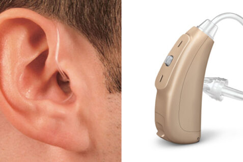 Closeup Image of A Hearing Aid & A Man Wearing Hearing Aid.