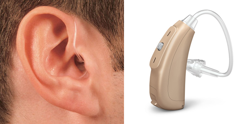 Closeup Image of A Hearing Aid & A Man Wearing Hearing Aid.